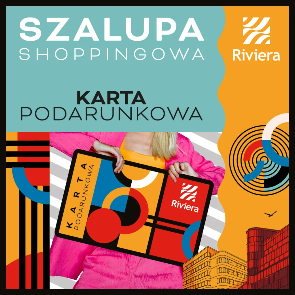 Reklama karty podarunkowej Centrum Riviera z kolorowym tłem.