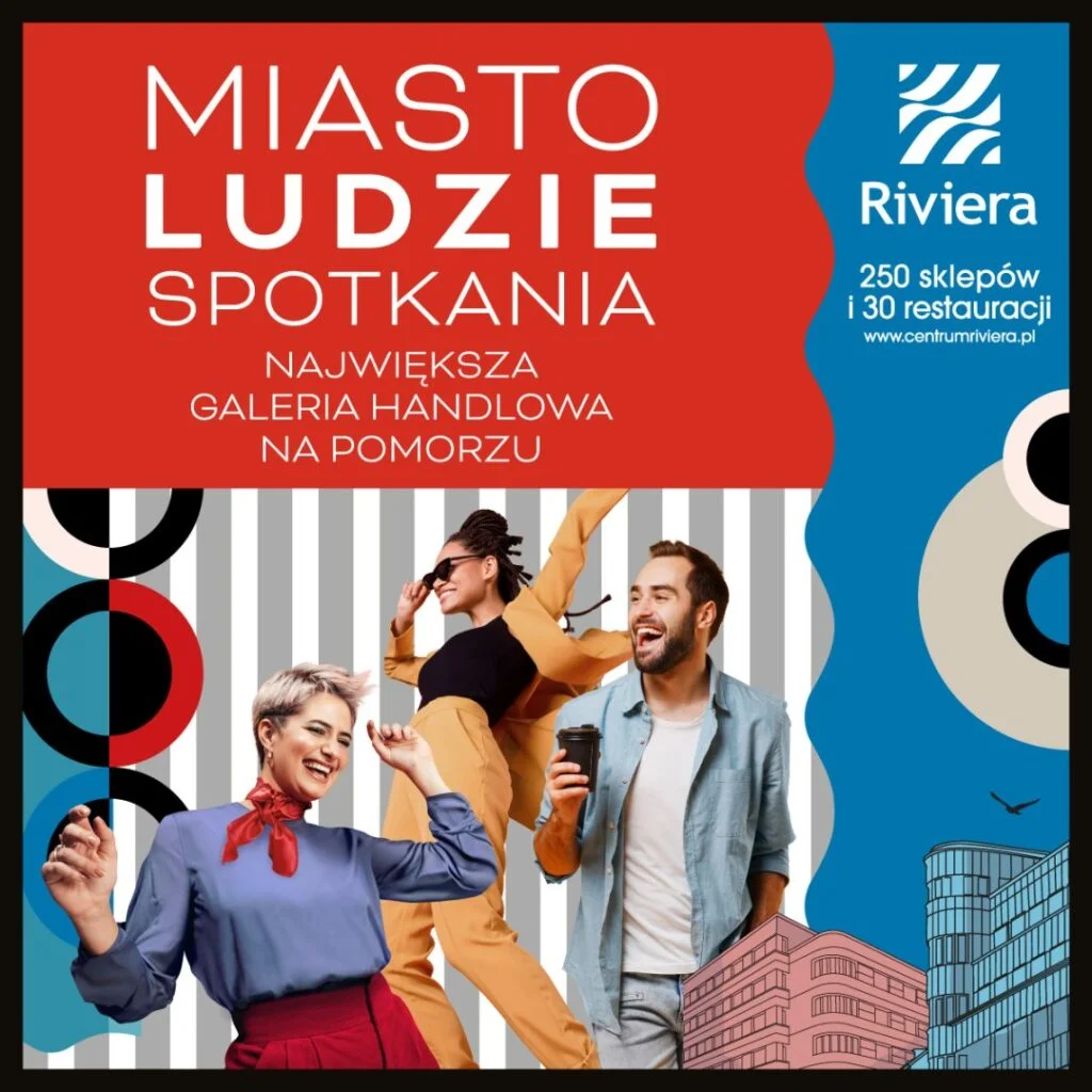 Trzy osoby bawiące się przed kolorowym tłem z logo Centrum Riviera.