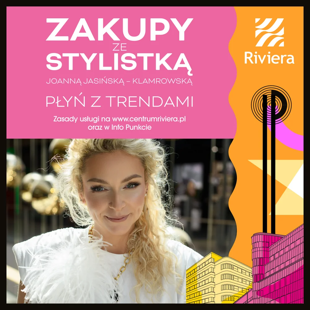 Kobieta na tle centrum handlowego, napis: Zakupy ze stylistką.