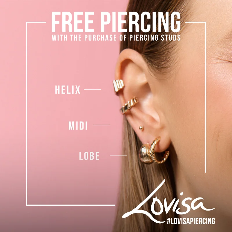 Promocja darmowego przekłuwania uszu z zakupem kolczyków.