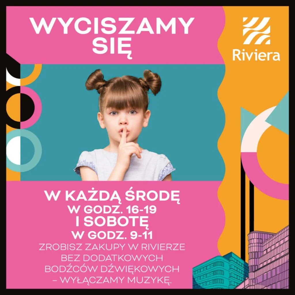 Plakat promocyjny Centrum Riviera z hasłem 'Wyciszamy się'.