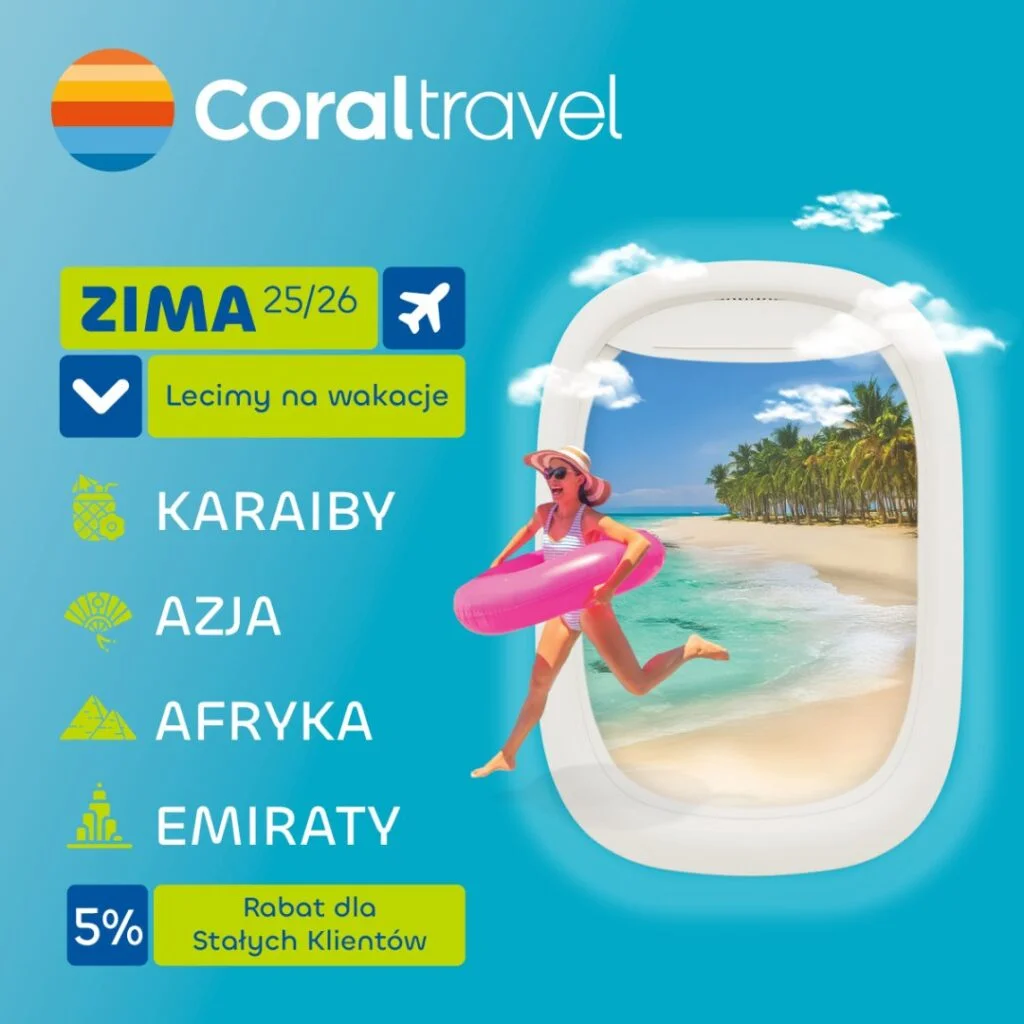 Kobieta z dmuchanym kołem na tle plaży, reklama Coral Travel.