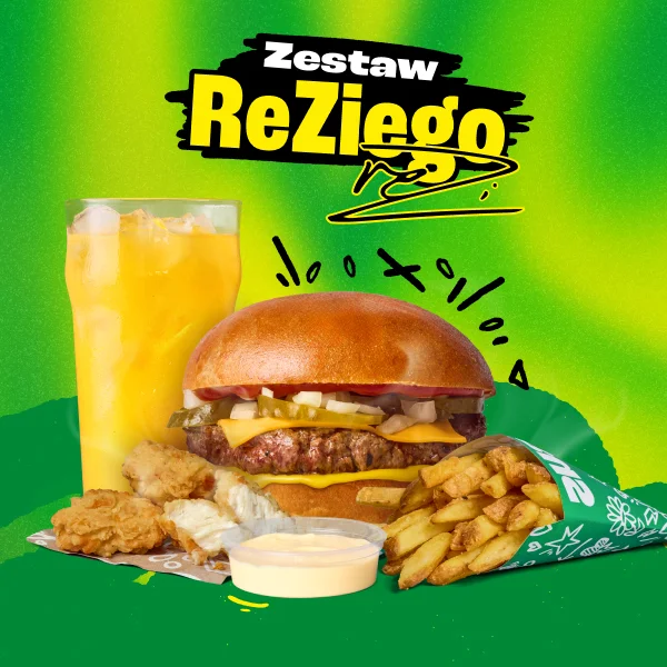 Kolorowy zestaw KidPak z burgerem, frytkami i napojem.