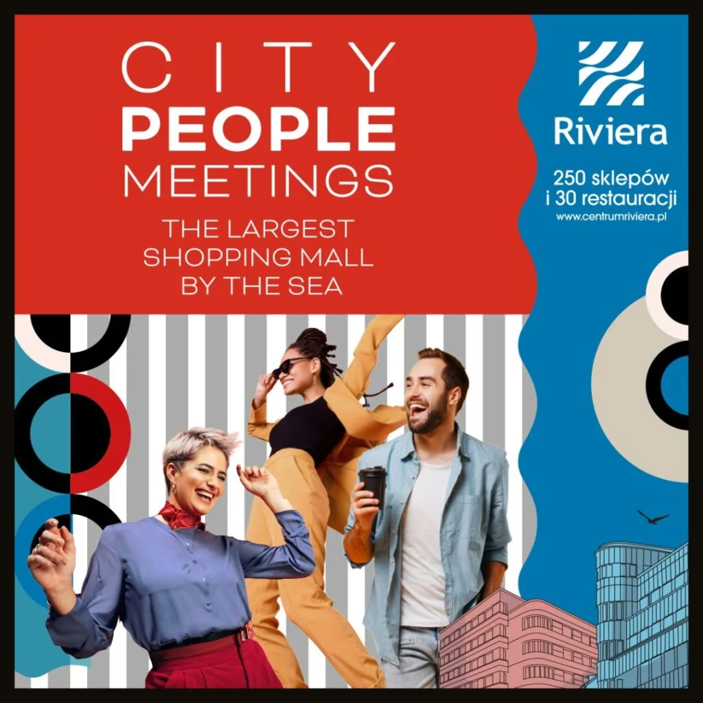 Trzy osoby uśmiechnięte na tle kolorowych wzorów, Centrum Riviera.