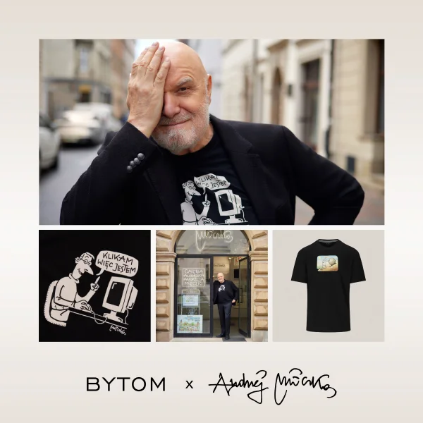 Mężczyzna w koszulce z grafiką, ulica w tle.