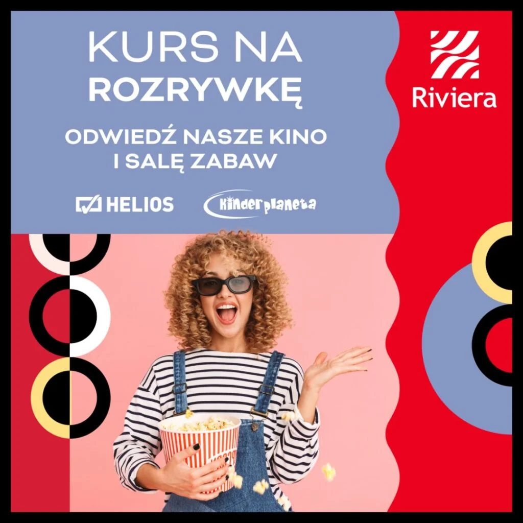 Kobieta z popcornem, zaproszenie do kina i sali zabaw w Centrum Riviera.