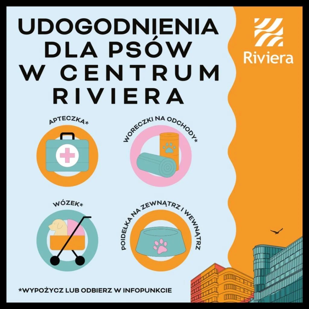 Grafika promująca udogodnienia dla psów w Centrum Riviera.
