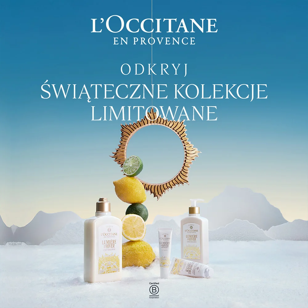 Produkty L'Occitane z limitowanej kolekcji świątecznej na tle zimowego krajobrazu.