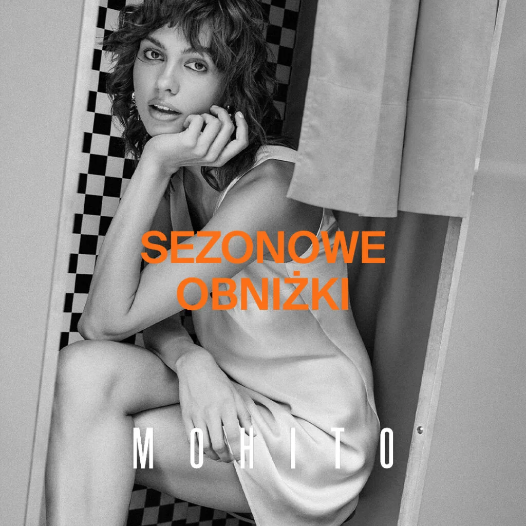 Kobieta w sukience, napis 'Sezonowe obniżki' i logo Mohito.