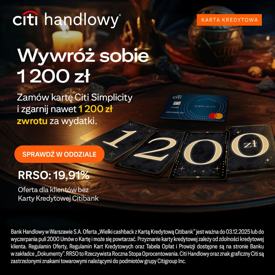 Karta kredytowa Citi Handlowy z ofertą zwrotu 1200 zł.