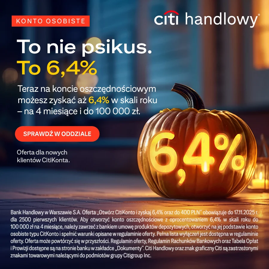 Reklama konta oszczędnościowego z oprocentowaniem 6,4% w banku Citi Handlowy.