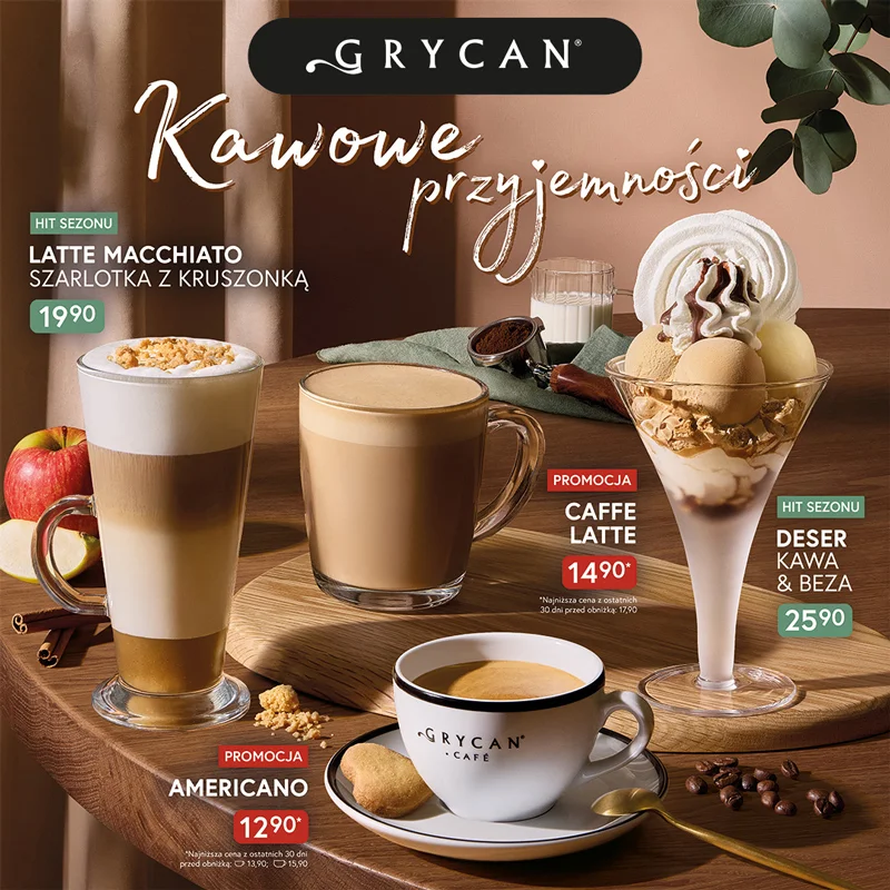 Trzy rodzaje kawy i deser z lodami na stole w kawiarni Grycan.