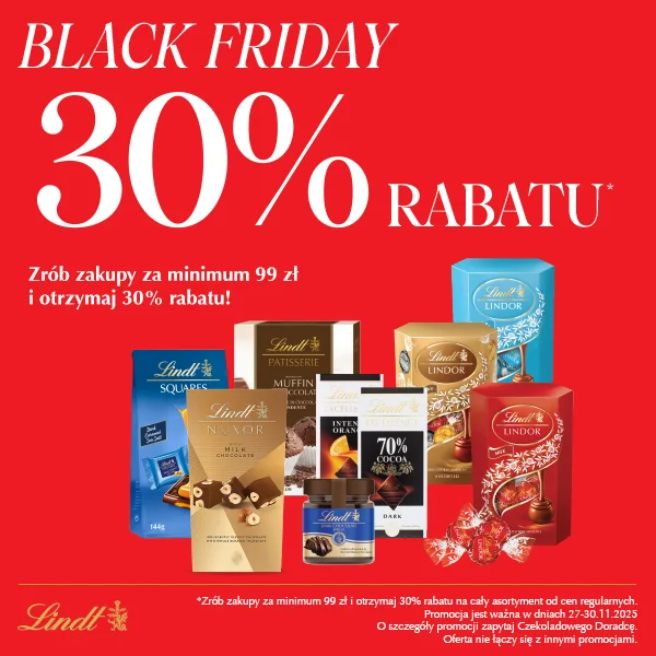 Promocja Black Friday 30% rabatu na produkty Lindt w Centrum Riviera.