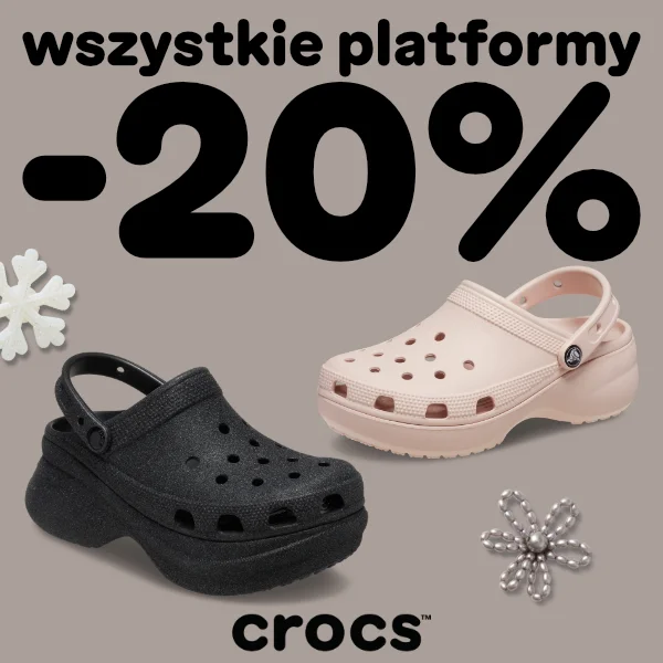 Zniżka 20% na wszystkie platformy Crocs, czarne i różowe buty.