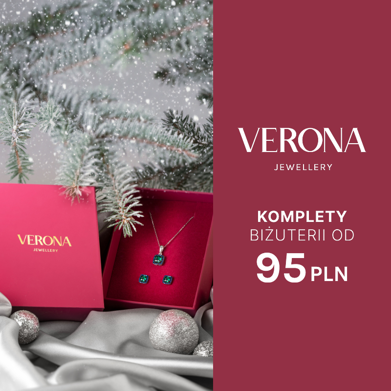 Zestaw biżuterii Verona w pudełku obok gałązki choinki.
