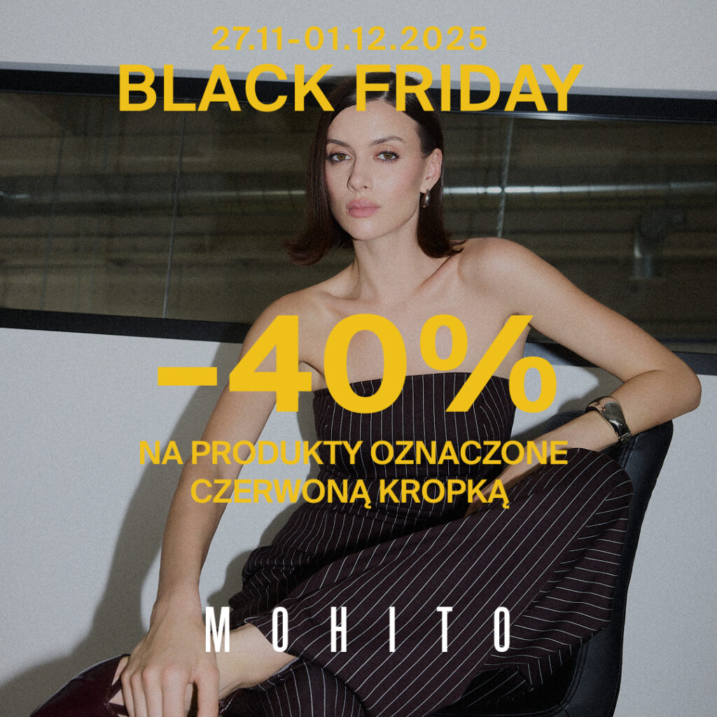 Kobieta w eleganckim stroju promująca Black Friday w Mohito.