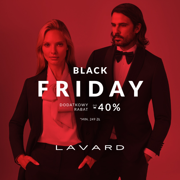 Mężczyzna i kobieta w eleganckich strojach, promocja Black Friday.