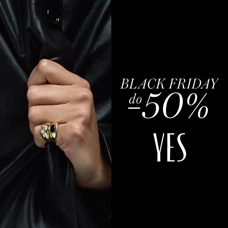 Osoba w czarnej kurtce trzymająca się za kołnierz, napis Black Friday do 50% YES.