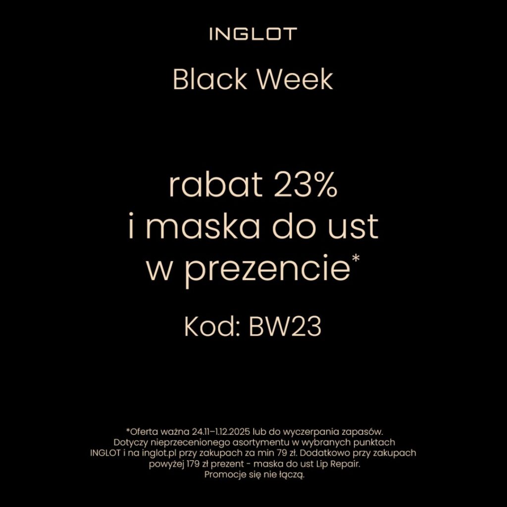 Promocja Black Week w Inglot: rabat 23% i maska do ust w prezencie.