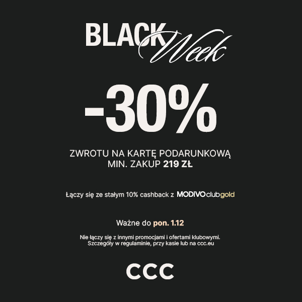 Promocja Black Week z 30% zwrotem na kartę podarunkową.