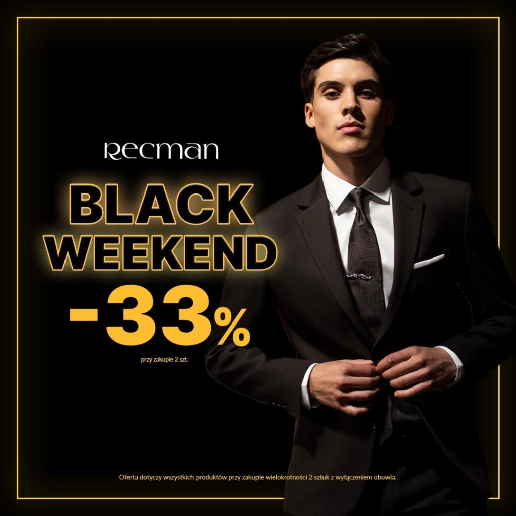 Mężczyzna w garniturze promujący Black Weekend zniżkę 33% w Centrum Riviera.
