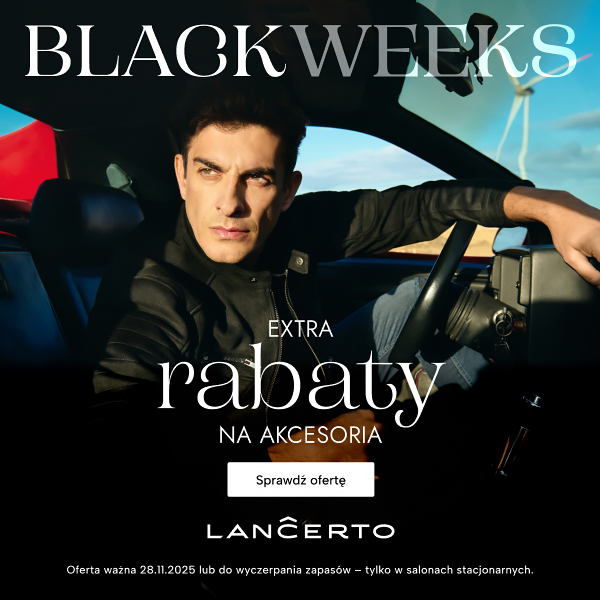 Mężczyzna w samochodzie promujący rabaty na akcesoria.