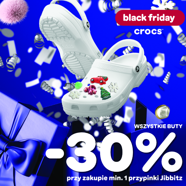 Białe Crocsy z ozdobami, promocja Black Friday, zniżka 30%.