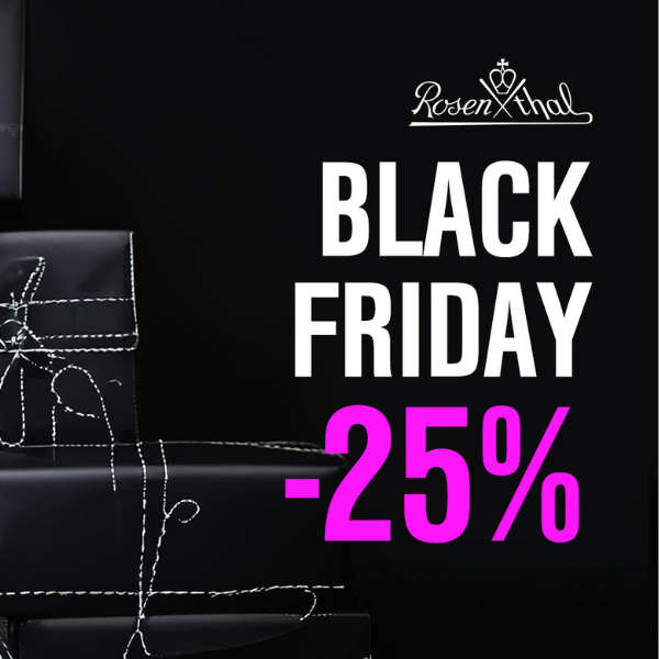 Czarne pudełka z białymi wzorami i promocja Black Friday -25%