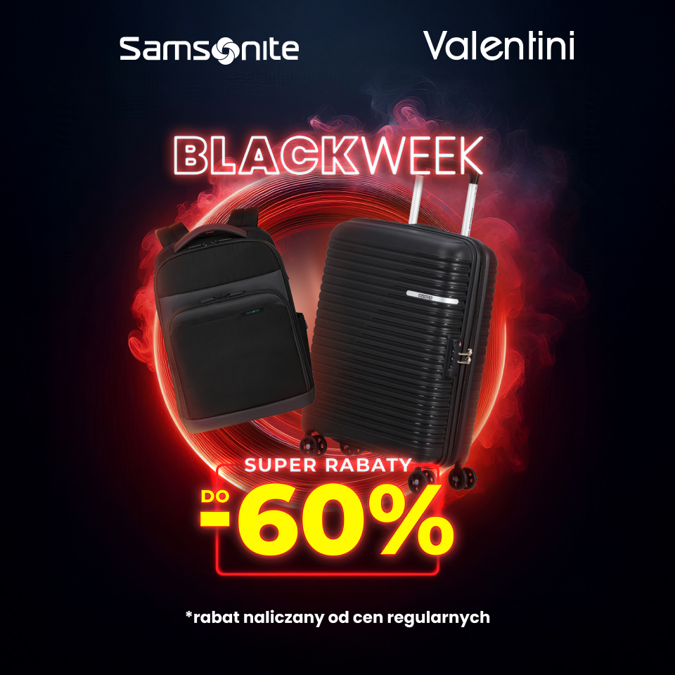 Czarne walizki i plecak z rabatami do 60% na Black Week.