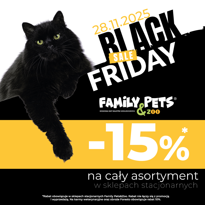 Czarny kot leżący na promocji Black Friday z rabatem 15%.