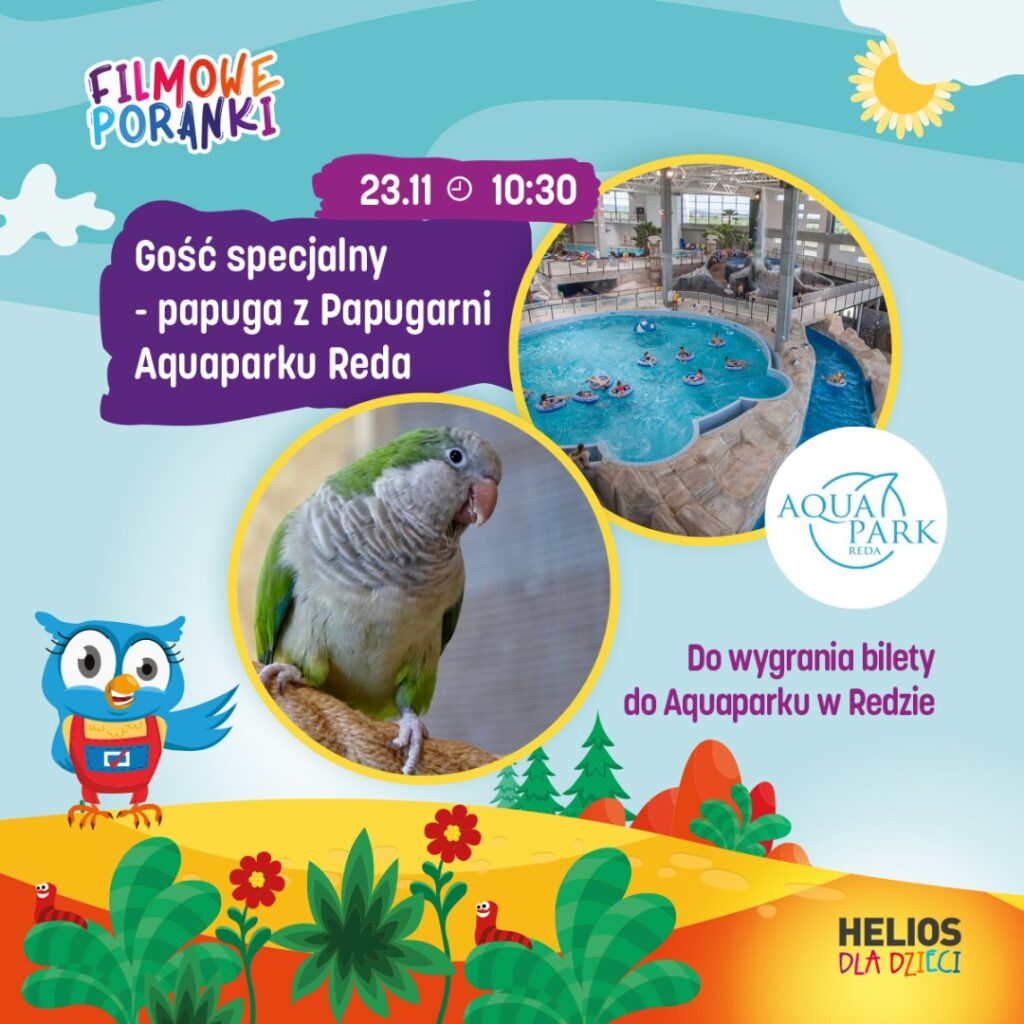 Plakat promujący wydarzenie Filmy dla Dzieci w aquaparku z papugą.