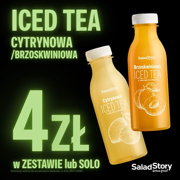 Dwie butelki herbaty mrożonej cytrynowej i brzoskwiniowej na czarnym tle.