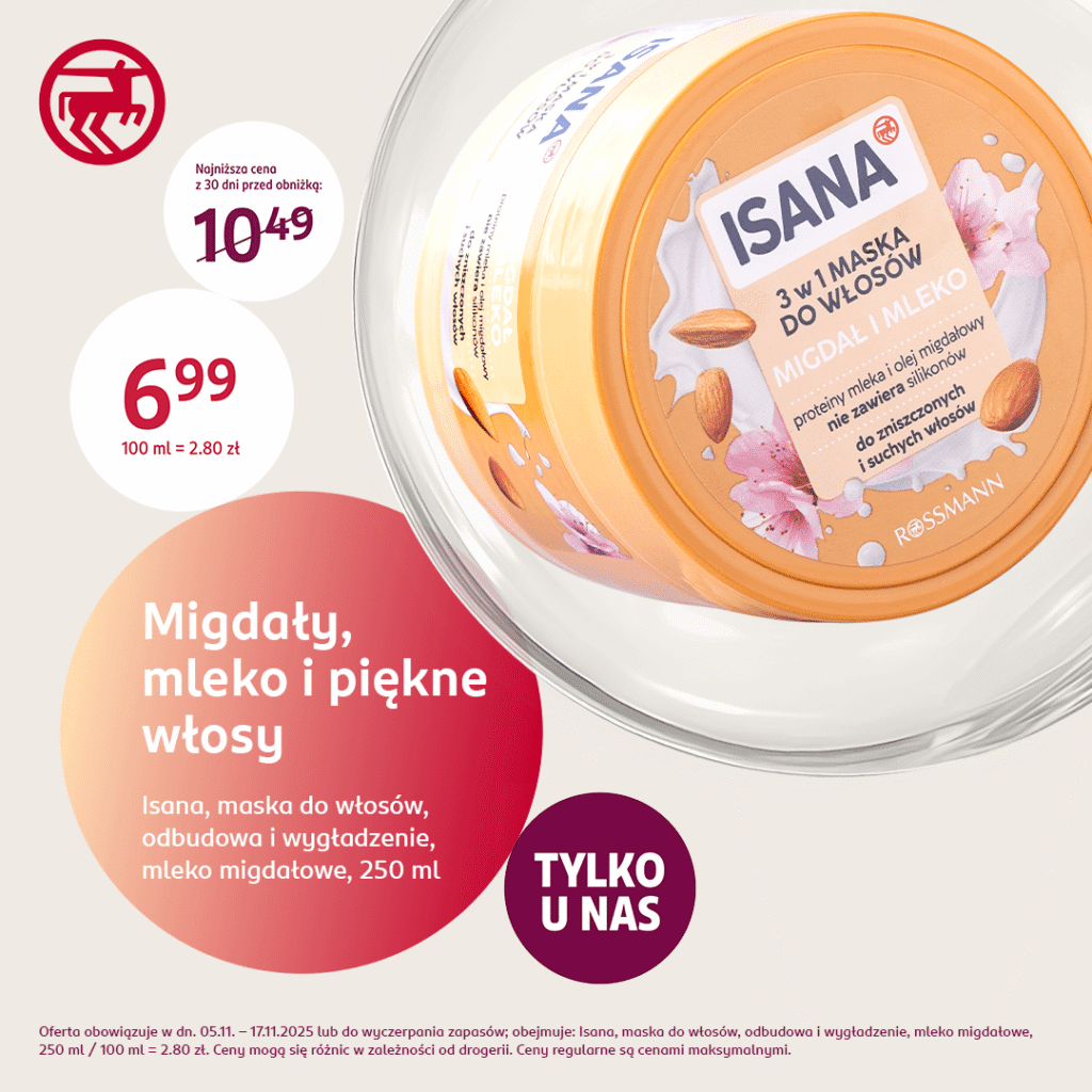 Isana maska do włosów z migdałami i mlekiem, opakowanie 250 ml.