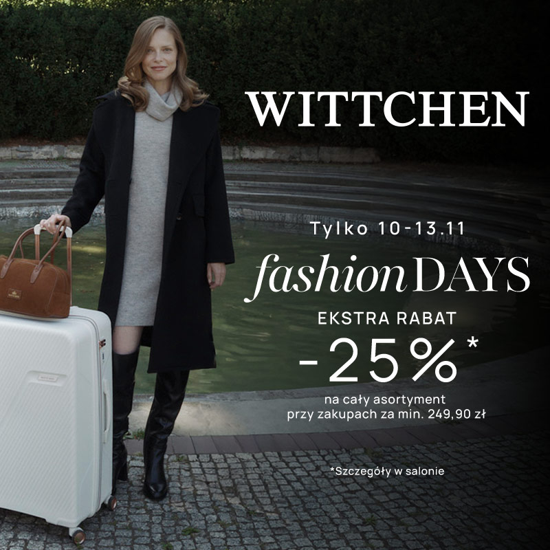 Kobieta z walizką na tle zieleni, promocja Wittchen.