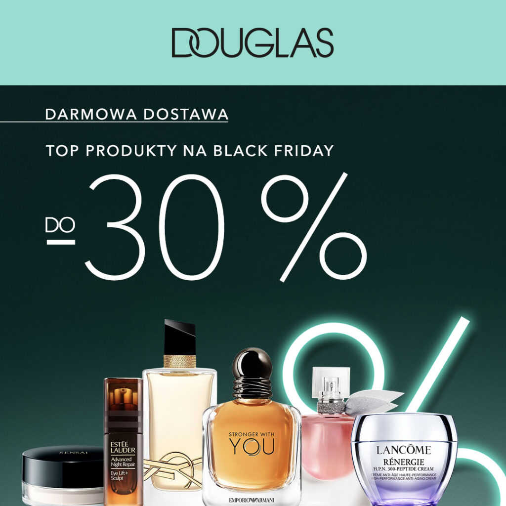 Promocja Black Friday na kosmetyki z darmową dostawą do 30% zniżki.