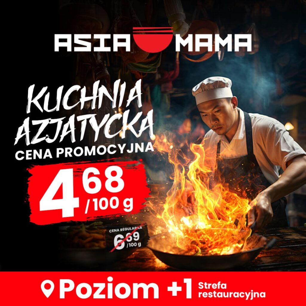 Kucharz przygotowujący danie azjatyckie w ogniu, promocja w Centrum Riviera.