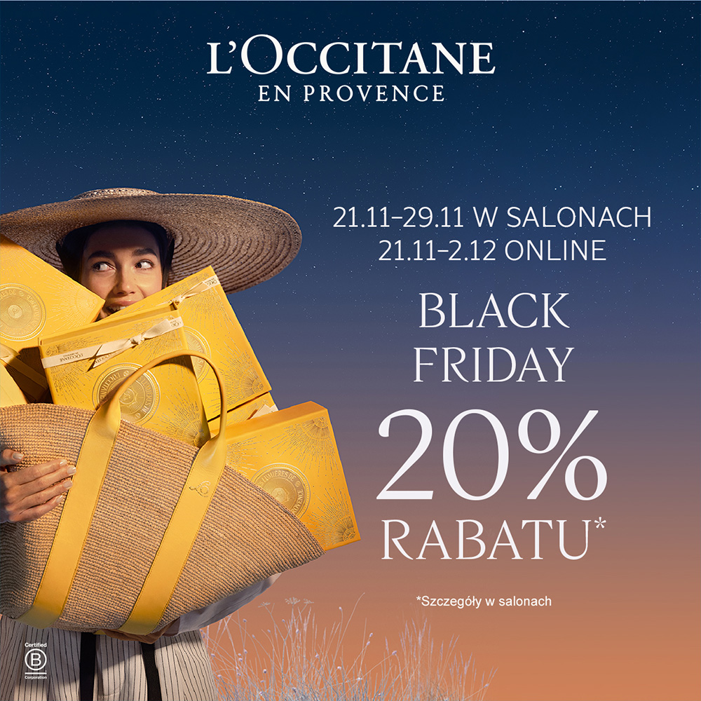 Kobieta z torbami L'Occitane, promocja Black Friday 20% rabatu.