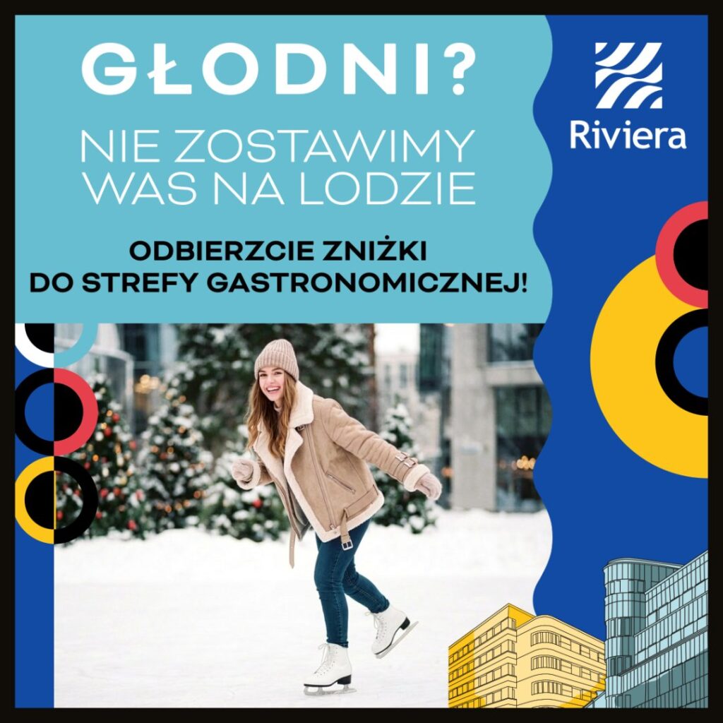 Kobieta na lodowisku w zimowej scenerii, Centrum Riviera.