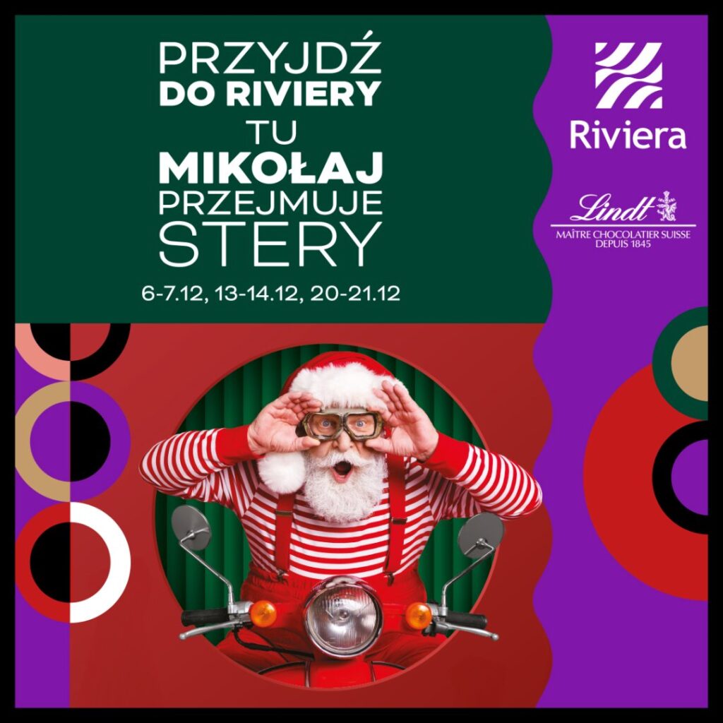 Mikołaj na motorze w Centrum Riviera, zaprasza na świąteczne wydarzenia.