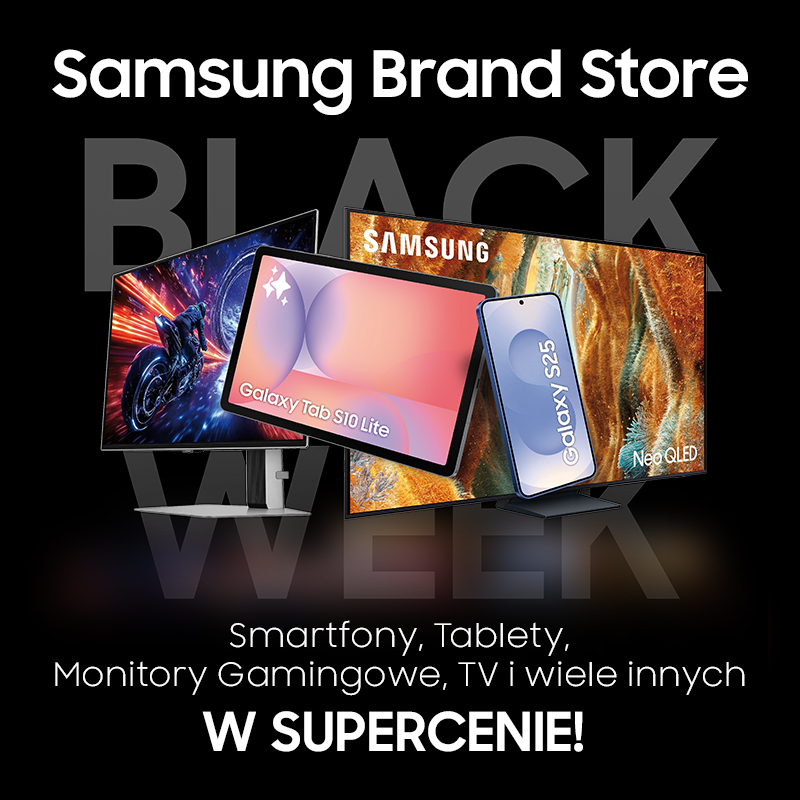 Promocja Samsung Black Week z produktami elektronicznymi.