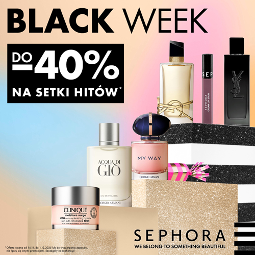 Promocja Black Week w Sephora z rabatami do 40% na kosmetyki.