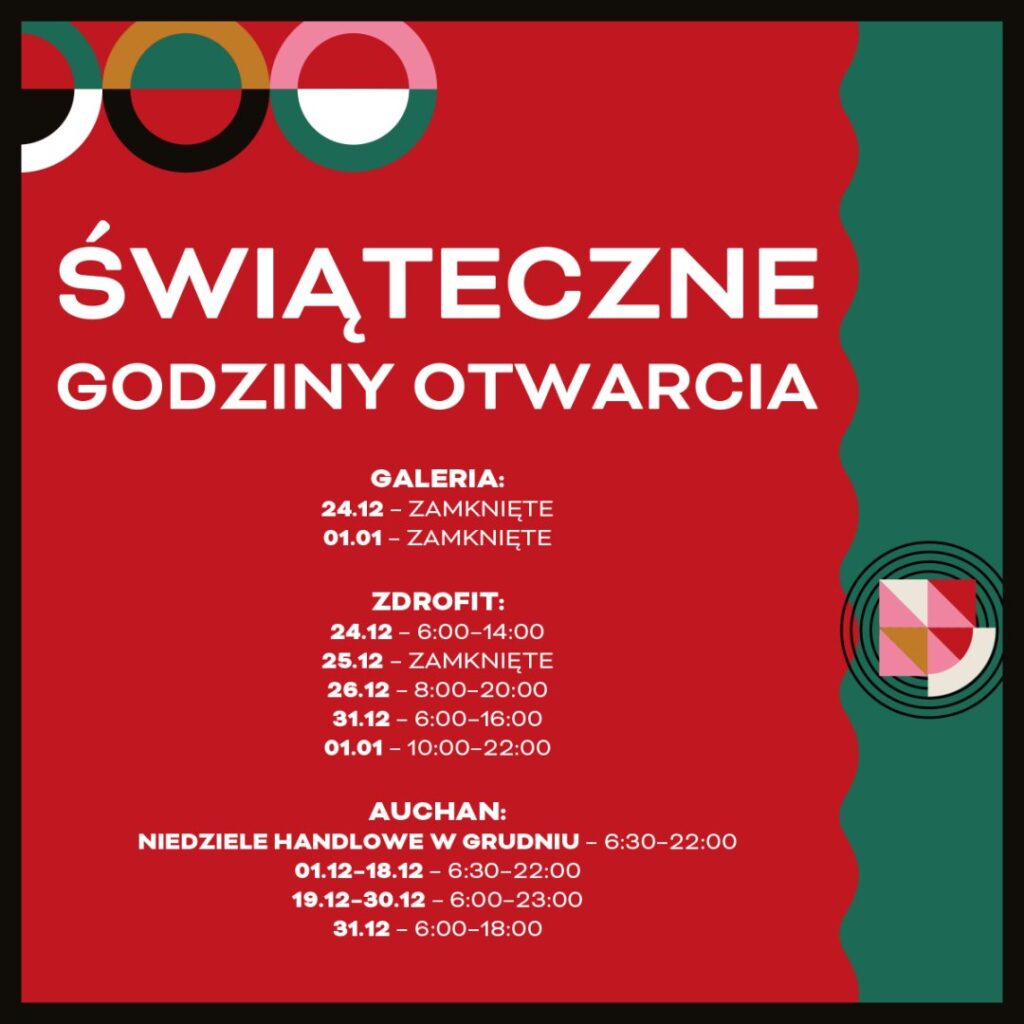 Grafika z godzinami otwarcia Centrum Riviera w okresie świątecznym.