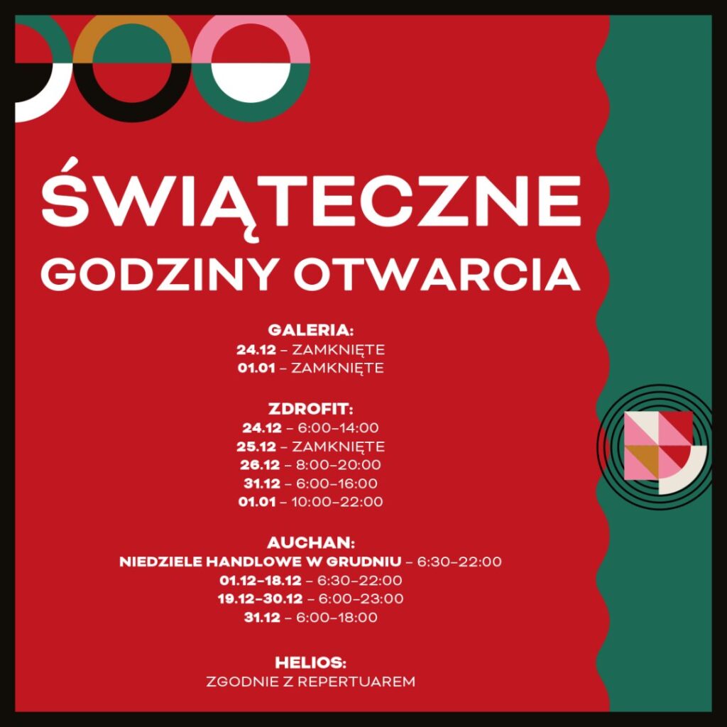 Świąteczne godziny otwarcia Centrum Riviera z informacjami o galeriach i sklepach.