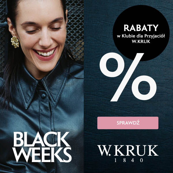 Kobieta w skórzanej kurtce, obok napis Black Weeks i logo W.KRUK.