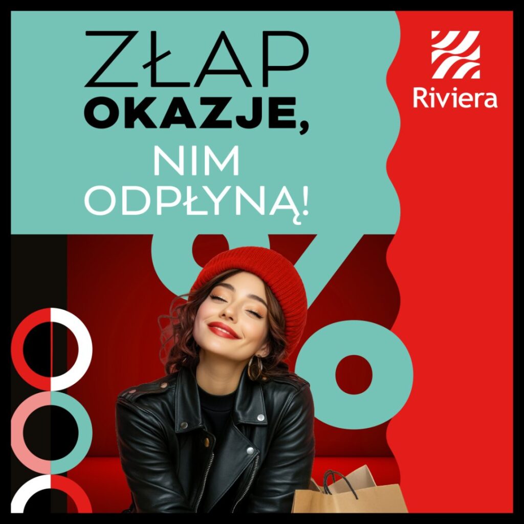 Promocja w Centrum Riviera z uśmiechniętą kobietą w czerwonym berecie.