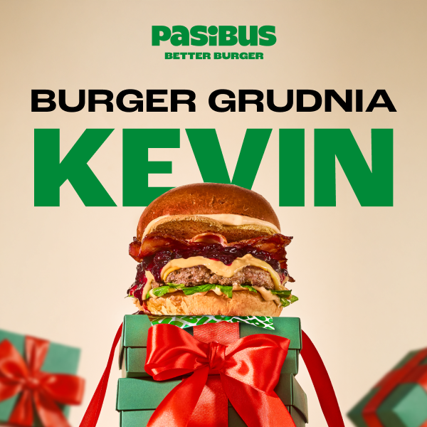 Burger grudnia Kevin z Pasibusa na tle prezentów.