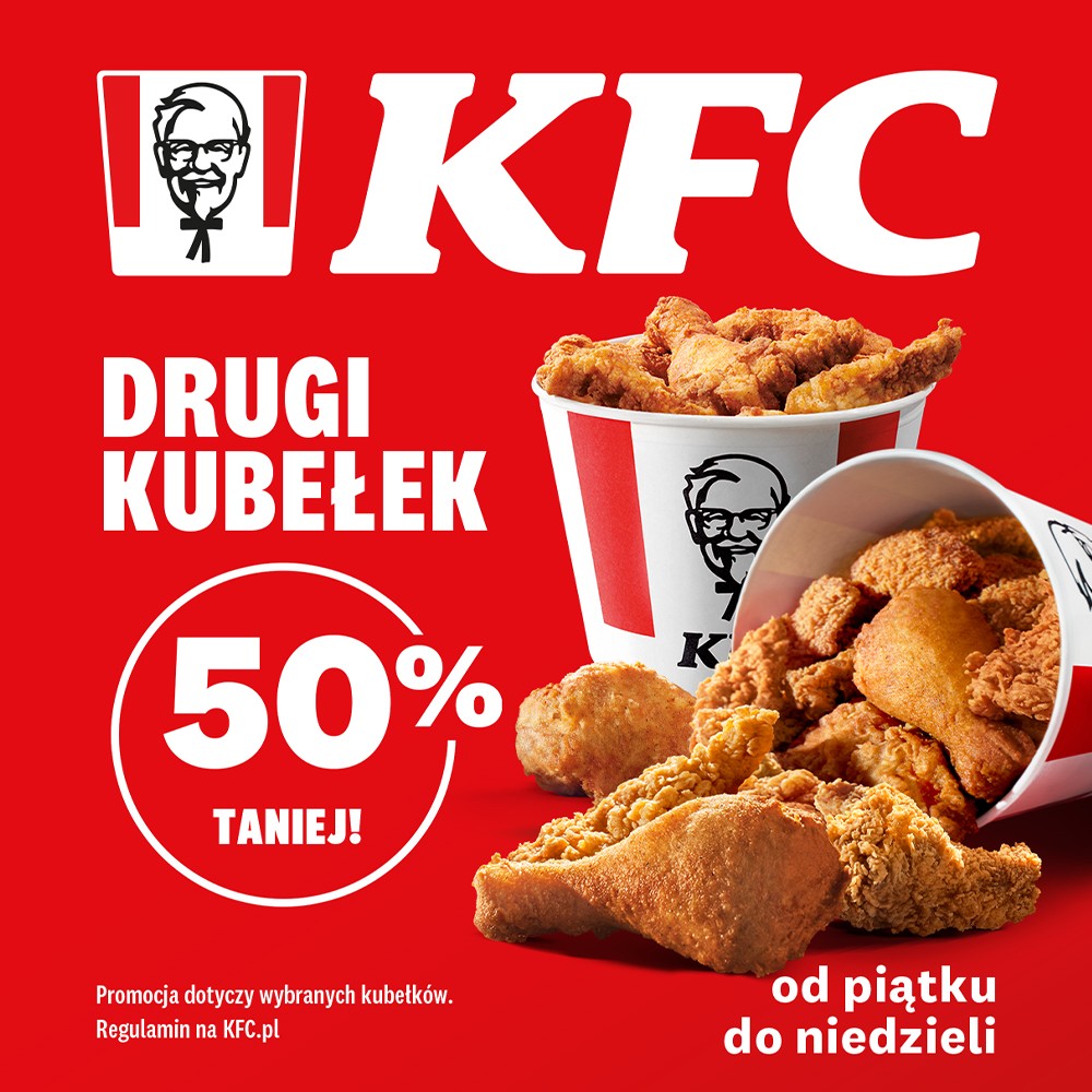 Promocja KFC: drugi kubełek 50% taniej.