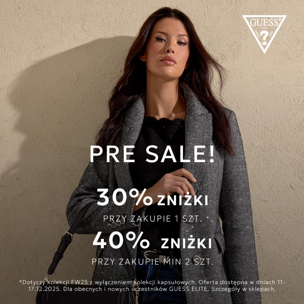 Kobieta w eleganckim płaszczu, promocja Guess zniżki.