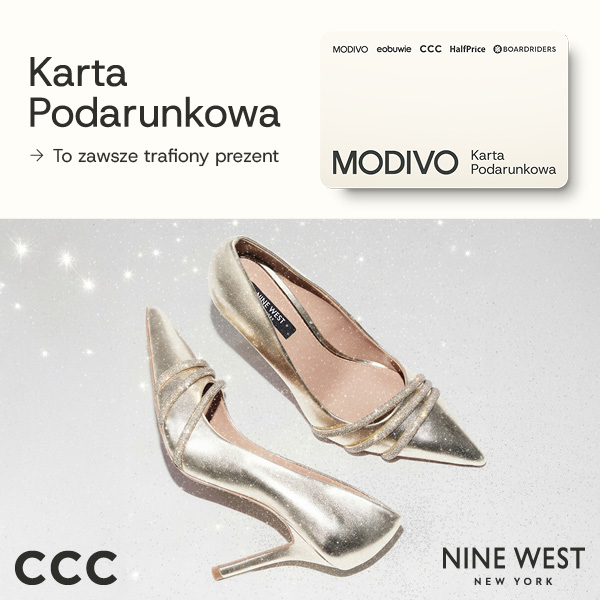 Złote szpilki obok karty podarunkowej Modivo.