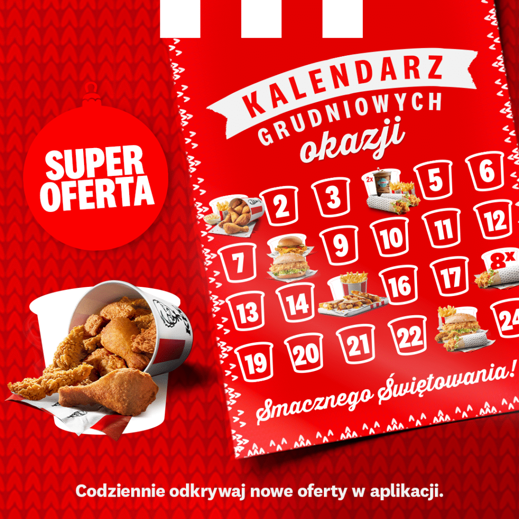 Kalendarz grudniowych okazji KFC z promocjami na każdy dzień.